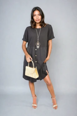 Aileen Short Sleeve Button Front Midi Dress In Black -Fashionish Shop ikrush aileen short sleeve button front midi dress 1712232787537608