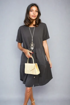 Aileen Short Sleeve Button Front Midi Dress In Black