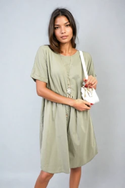 Aileen Short Sleeve Button Front Midi Dress In Khaki