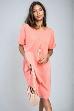 Aileen Short Sleeve Button Front Midi Dress In Coral
