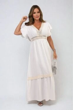 Alejandra V-neck Lace Trim Maxi Dress In White