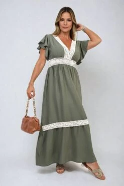 Alejandra V-neck Lace Trim Maxi Dress In Khaki -Fashionish Shop ikrush alejandra v neck lace trim maxi dress 17150273422404 13