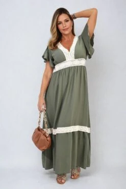 Alejandra V-neck Lace Trim Maxi Dress In Khaki