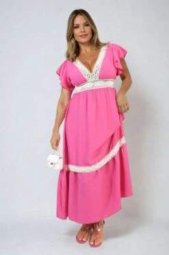 Alejandra V-neck Lace Trim Maxi Dress In Fuschia -Fashionish Shop ikrush alejandra v neck lace trim maxi dress 17150273602404 6