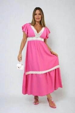 Alejandra V-neck Lace Trim Maxi Dress In Fuschia