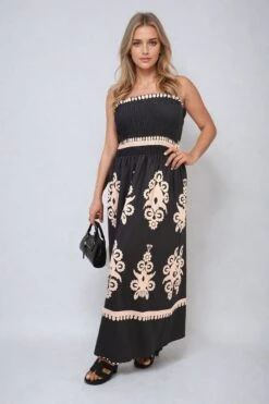 Aliah Smocked Sleeveless Flowy Tribal Print Summer Maxi Dress In Black