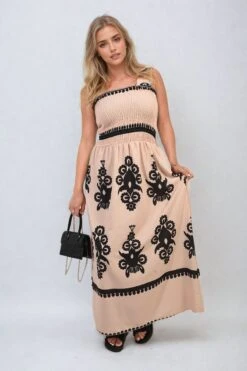 Aliah Smocked Sleeveless Flowy Tribal Print Summer Maxi Dress In Beige