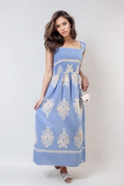 Aliah Smocked Sleeveless Flowy Tribal Print Summer Maxi Dress In Sky Blue