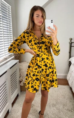 Alice Button Up Printed Shirt Dress In Mustard