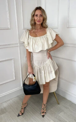 Amara Off Shoulder Ruffle Sleeve Printed Mini Dress In Cream