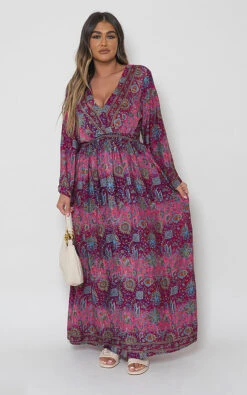 Amora Printed Long Sleeve V Neck Maxi Dress In Pink