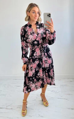 Anita Button Down Midi Dress With Tie Front In Black