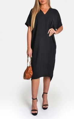 Annalise V-Neck Half-Sleeve Midi Dress In Black