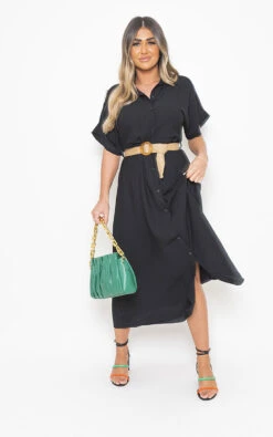Antonia Button Down Midi Dress With Belt Detail In Black