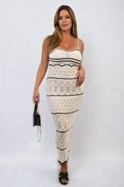 Ariana Strappy Long Knitted Stripe Cami Dress In Biege