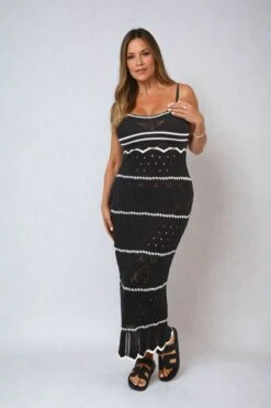 Ariana Strappy Long Knitted Stripe Cami Dress In Black