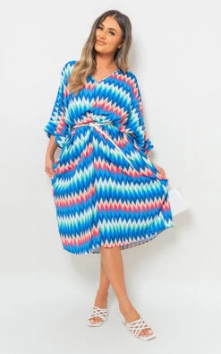 Arianna Zigzag Print V Neck Twisted Front Midi Dress In Blue
