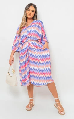 Arianna Zigzag Print V Neck Twisted Front Midi Dress In Lilac