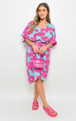 Athena Floral Print V Neck Twisted Front Midi Dress In Aqua