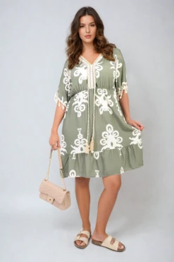 Aubrey Printed V-Neck Short Sleeve Midi Dress With Tassel Detail In Khaki -Fashionish Shop ikrush aubrey printed v neck short sleeve midi dress with tassel detail 1712681972 DSC5332