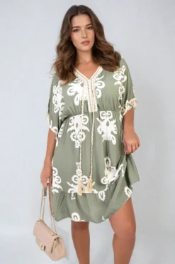 Aubrey Printed V-Neck Short Sleeve Midi Dress With Tassel Detail In Khaki -Fashionish Shop ikrush aubrey printed v neck short sleeve midi dress with tassel detail 1712682043 DSC5335