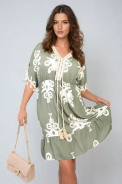 Aubrey Printed V-Neck Short Sleeve Midi Dress With Tassel Detail In Khaki