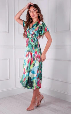 Avery Wrap Printed Midi Dress In Green/pink -Fashionish Shop ikrush avery wrap printed midi dress 1629212980527220 01