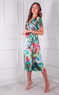 Avery Wrap Printed Midi Dress In Green/pink