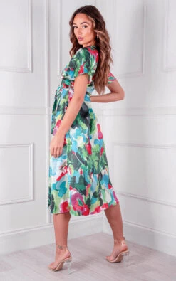 Avery Wrap Printed Midi Dress In Green/pink -Fashionish Shop ikrush avery wrap printed midi dress 1629212982527220 04