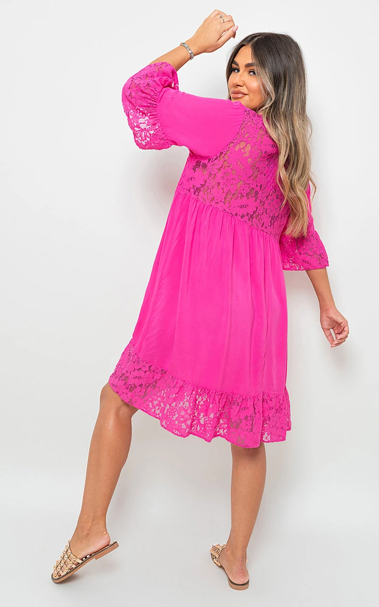 Bella V Neck Lace Pattern Mini Dress With Front Tassel Detail In Fuschia 3 Bella V Neck Lace Pattern Mini Dress With Front Tassel Detail In Fuschia - Image 3