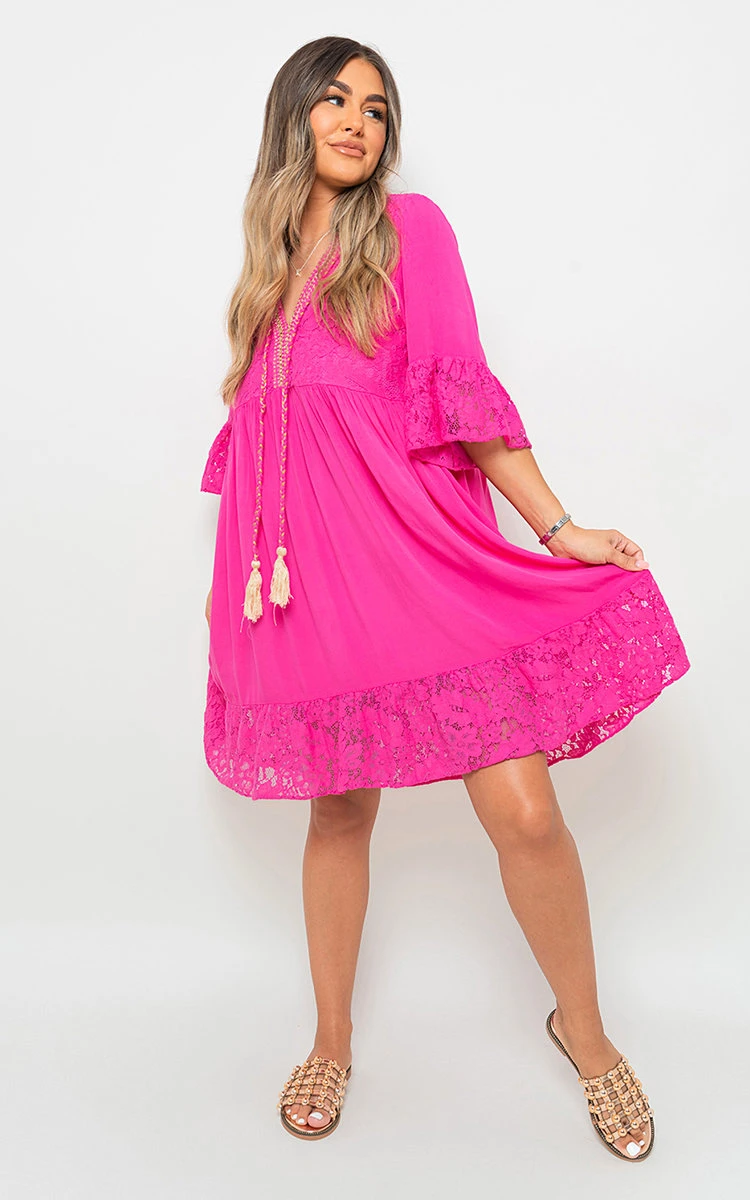 Bella V Neck Lace Pattern Mini Dress With Front Tassel Detail In Fuschia 1 Bella V Neck Lace Pattern Mini Dress With Front Tassel Detail In Fuschia