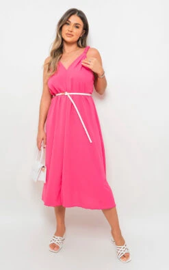 Bianca Casual Sleeveless V Neck Midi Dress In Fuschia