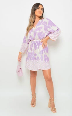 Bianca Printed V Neck Long Sleeve Mini Dress In Lilac