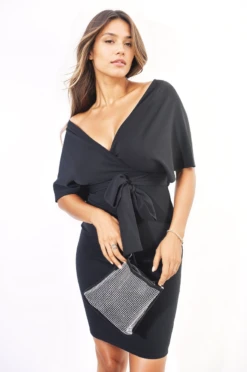Camilla V-neck Tie Waist Wrap Mini Dress In Black