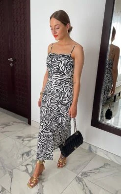 Clara Printed Thigh Split Midi Dress In Black/white