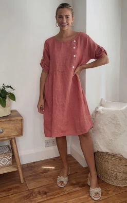 Giovanna Midi Dress With Button Detail In Coral