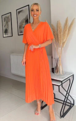 Rachel Pleated Wrap Front Maxi Dress In Orange -Fashionish Shop ikrush elise pleated wrap front maxi dress 1649263529image00087