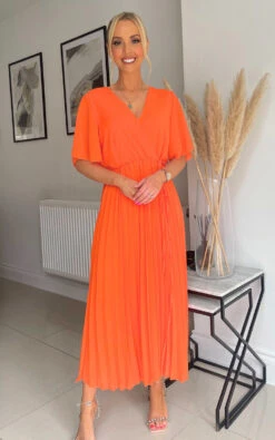 Rachel Pleated Wrap Front Maxi Dress In Orange -Fashionish Shop ikrush elise pleated wrap front maxi dress 1649263530image00088