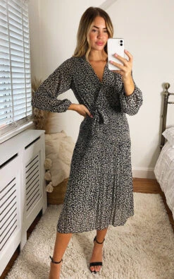 Elisha Animal Print Wrap Midi Dress In Beige