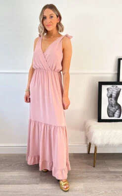 Eliza Tiered Tie Strap Midi Dress In Rose