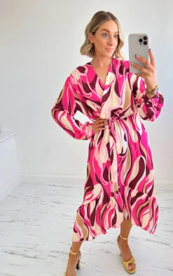 Tara Wrap Front Midi Dress With Ruffle Hem Detail In Pink