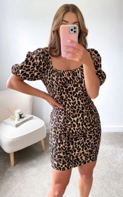 Faye Puff Sleeve Mini Dress In Leopard