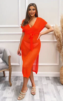 Frida Cover Up Wrap Dress With Tie Front Detail In Orange