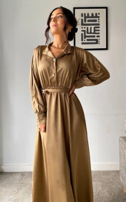 Guilda High Neck Belted Maxi Dress In Beige