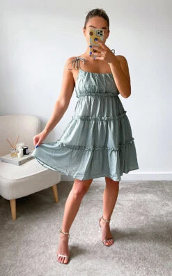 Haley Tiered Tie Strap Mini Dress In Sage -Fashionish Shop ikrush haley tiered tie strap mini dress 1627641132526645 2