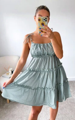 Haley Tiered Tie Strap Mini Dress In Sage