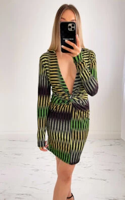Jade Twist Front Patterned Mini Dress In Green