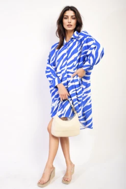 Jodie Long Sleeve Zebra Print Oversized Button Down Shirt Dress In Blue