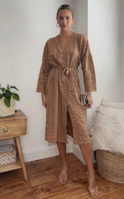 Gina Belted Wrap Front Midi Dress In Camel