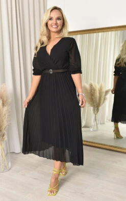 Marina Pleated Wrap Front Maxi Dress In Black